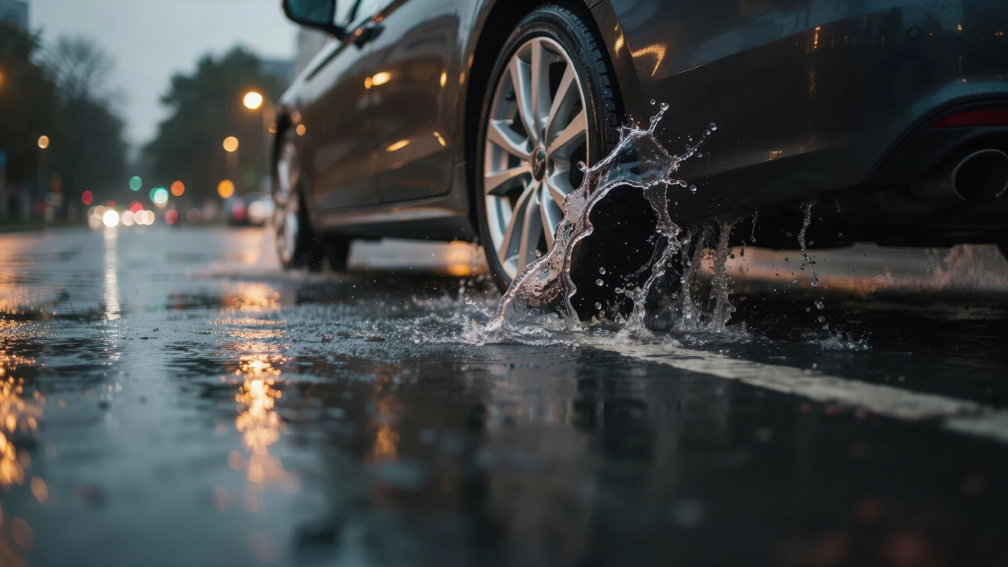Vehicle traveling on a wet road in rainy conditions